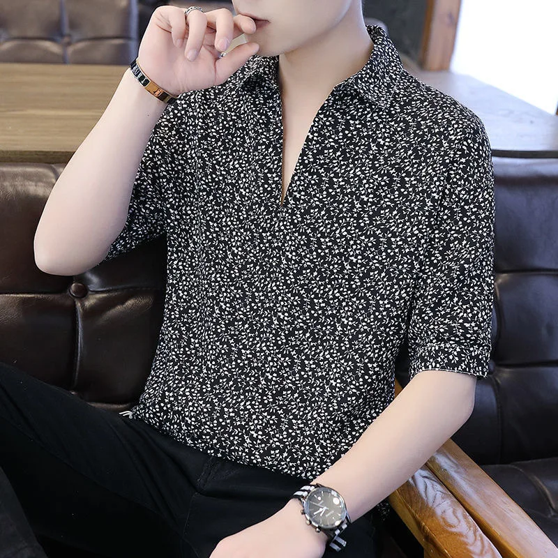 Men's 2026 Summer Korean Trendy Floral Print Quick-Dry V-Neck T-Shirt Ice Silk Fabric Loose Fit for Casual Style