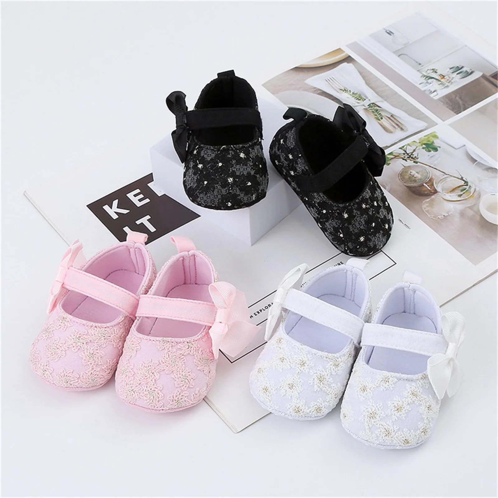 Toddler Infant Baby Girls Floral Lace Flats Soft Sole Non-slip Bowknot Princess Wedding Dress Casual Walking Shoes