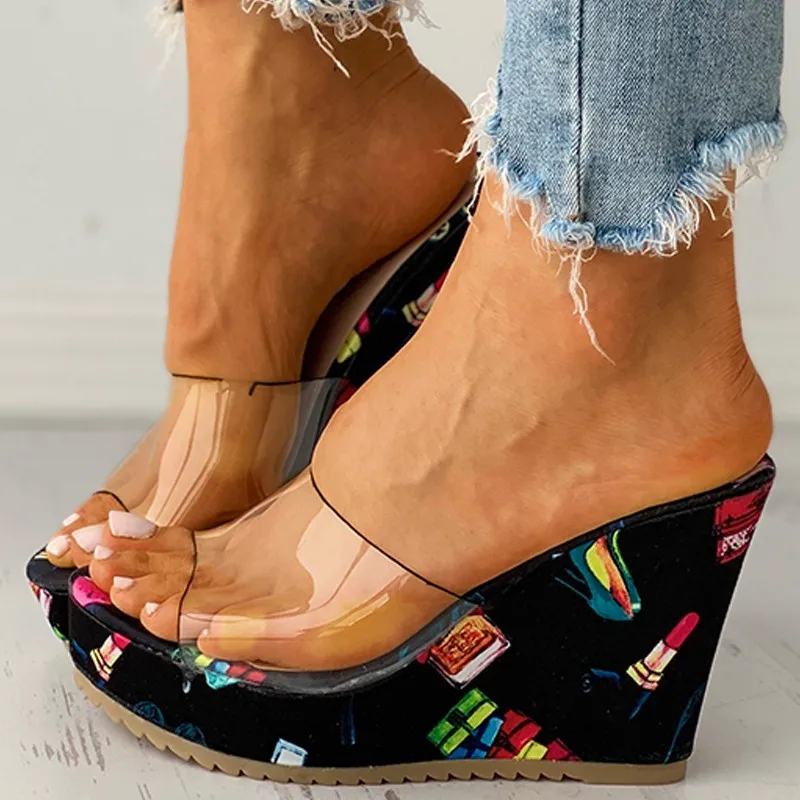 Women Wedges Slippers High Heels Platform Casual Ladies Slides Summer Retro Transparent Floral Thick-Sole Slippers Ethnic Style