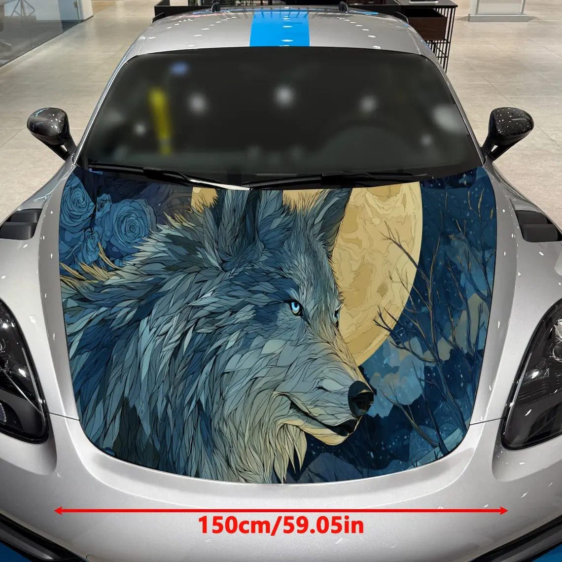 Art Wolf Moon Dominance Scene PVC Car Hood Wraps, Self-Adhesive Waterproof Car Bonnet Decal Sticker, Car Decoration Protection S