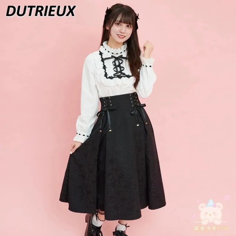 

Japanese Style SC New Spring 2024 Lace Stitching Tied Skirt Sweet Cute Girls All-Matching Commuter High Waist Long Skirts