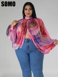 SOMO-Top de gasa con cuello redondo y espalda descubierta para mujer, Top estampado degradado de manga larga con cordones, talla grande, venta al por mayor, envío directo