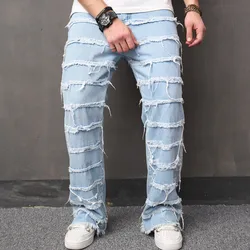 High street Men Loose Stacked Spliced Biker Jeans Straight Trousers Męskie hip hopowe stylowe spodnie motocyklowe dla mężczyzn