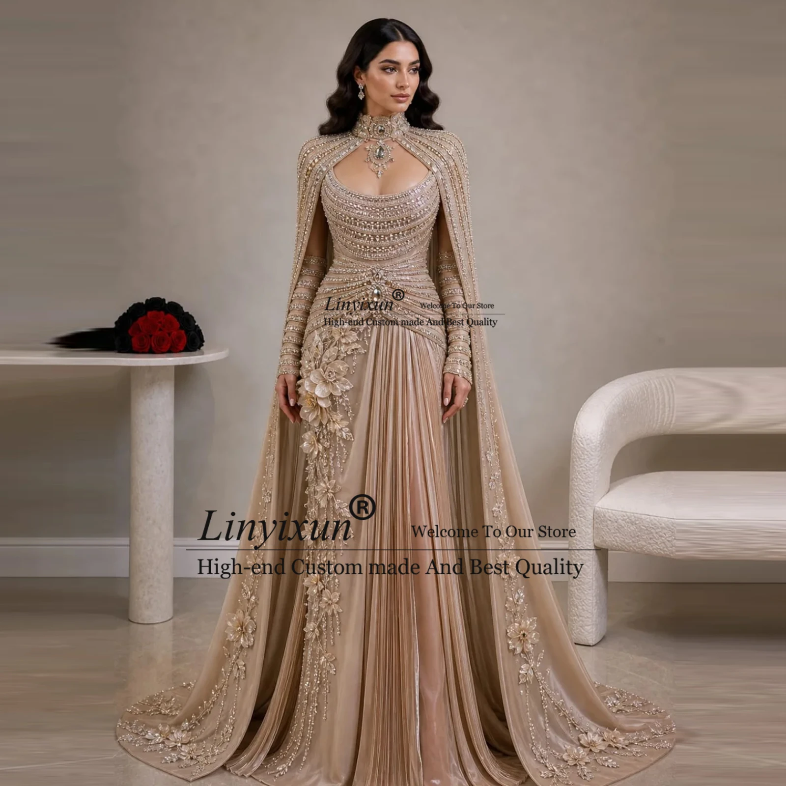 

Elegant High Neck Mermaid Prom Dresses With Cape Shawl Long Sleeves Beadings Floral Appliques Evening Gowns vestidos de cerimôna