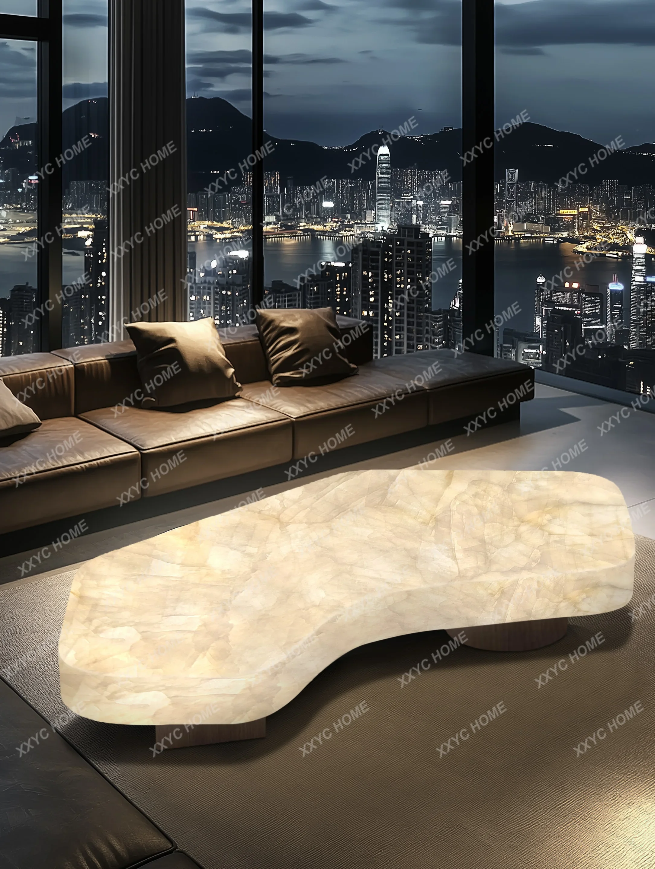 

H Living room coffee table luminous jade luxury stone white ice jade meniscus light luxury advanced large flat layer