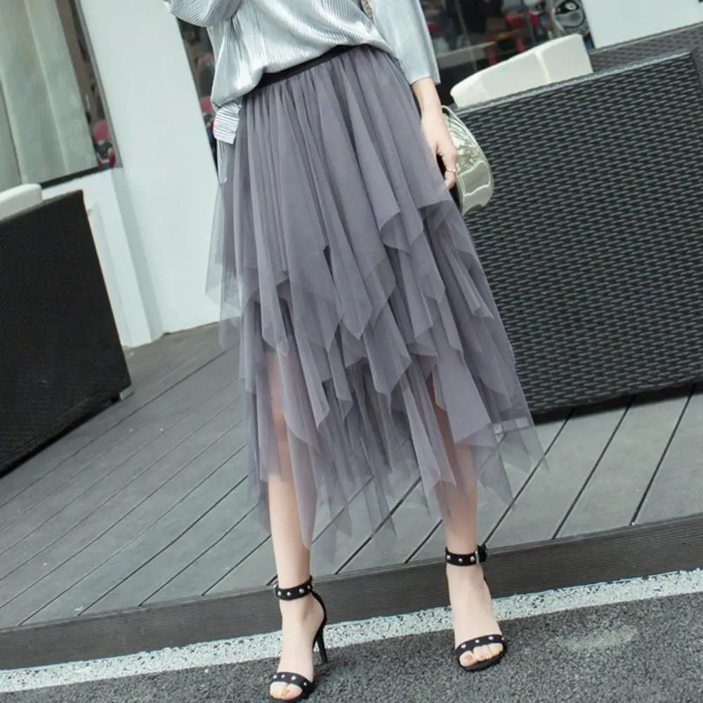 Women Skirt Elastic High Waist Irregular Multi Layer Hem Design Midi Skirt Sparkling Rhinestones Decor Slimming Party Skirt Dail