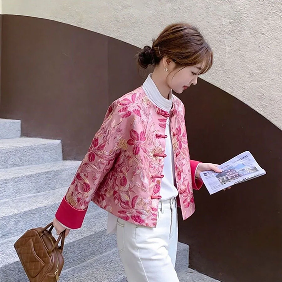 

Chinese Style Floral Embroidery Jacket Women 2026New Spring Mandarin Collar Frog Button Short Coat Vintage Pink Oriental Outwear