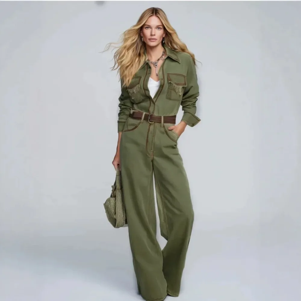 Retro Olive Green Jumpsuit for Women Polyester Western Style Casual Long Pants