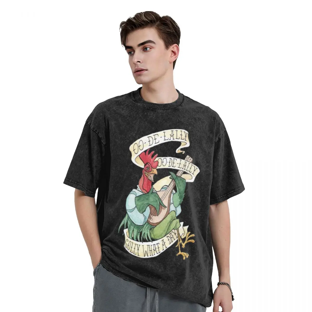 

Alan-A-Dale Rooster : OO-De-Lally Golly What A Day Tattoo Watercolor Painting Robin Hood T-Shirt plus size clothes shirts men