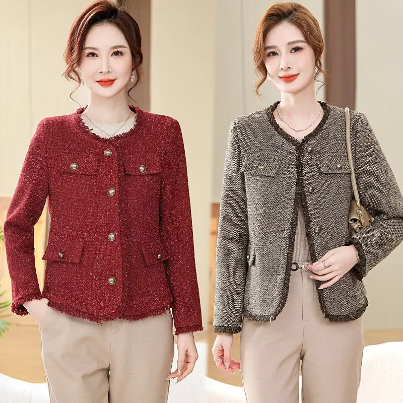 

2024 Spring Autumn Women's Fashion Middle-aged Short Coats Female Long Sleeve Buttons Overcoats Ladies O-neck Loose Jacket Q174