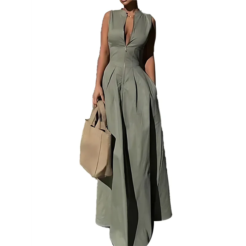 【SEE】 Abito longuette casual estivo diviso da donna con scollo a V profondo e maniche ad aletta con cerniera e vita elastica con tasche