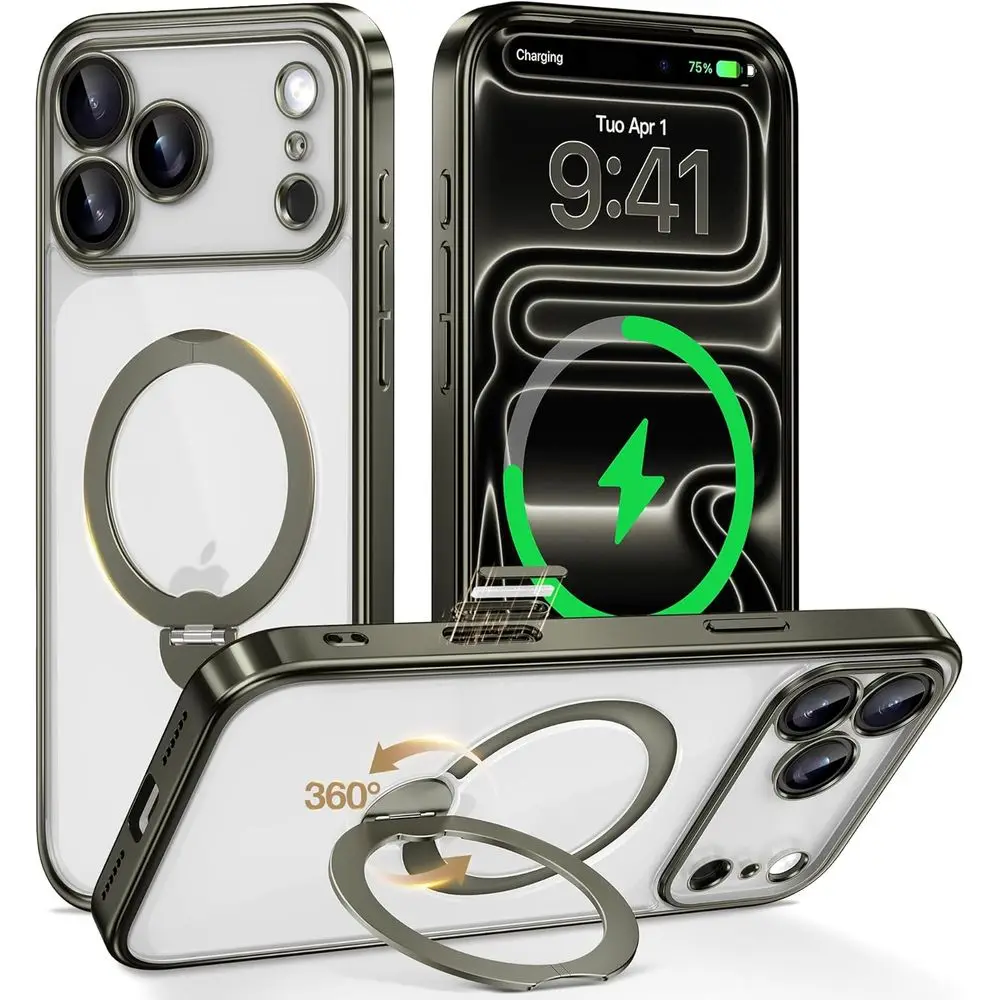 

Магнитный 360° ° Чехол с вращающейся подставкой для iPhone 17, совместимый с Magsafe, защита в стиле милитари, встроенный кольцевой держатель, титан
