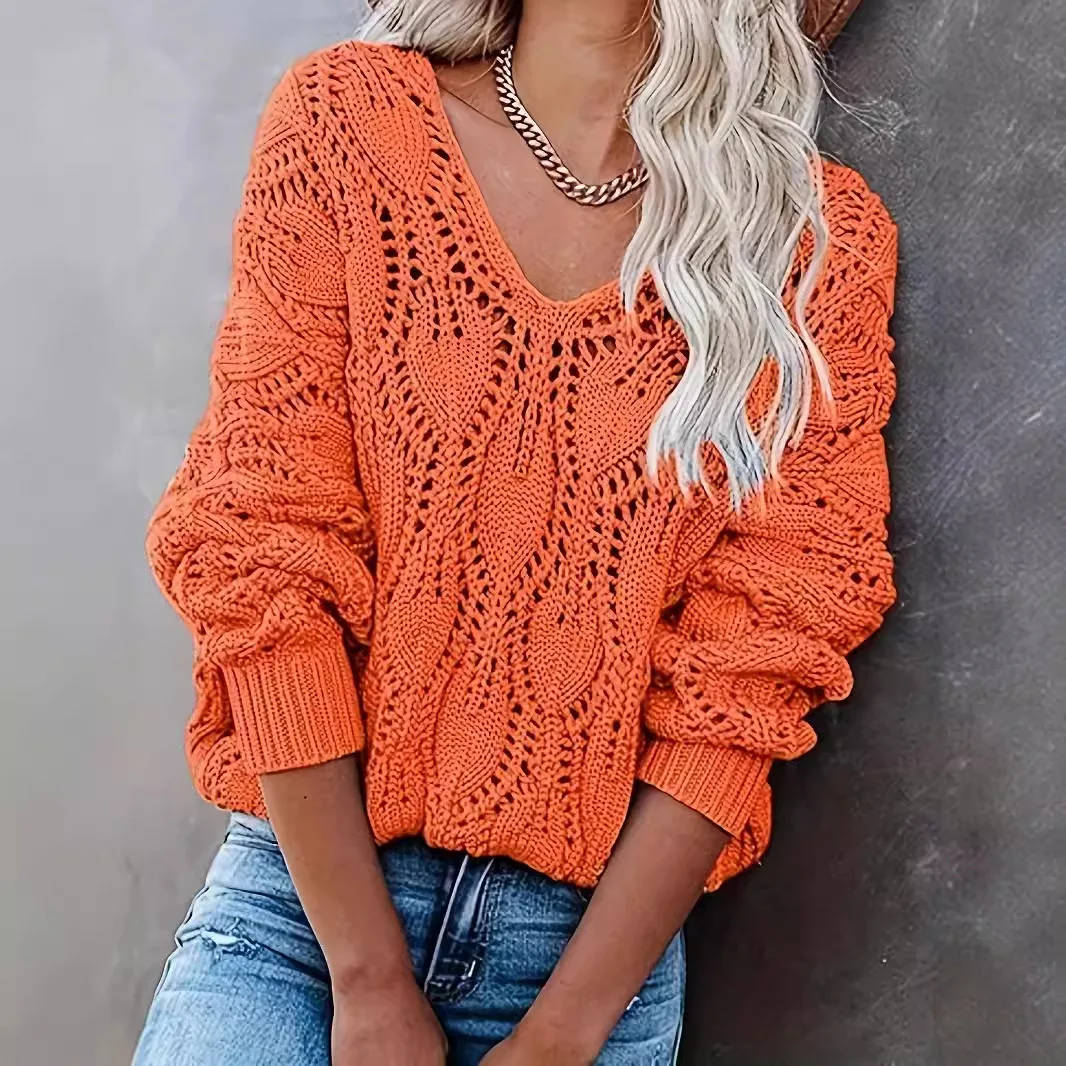 

2026women's New Autumn and Winter Fashion Trend Daily Casual Hollow V-neck Long-sleeved Loose Knitted Sweater Pullover for Women