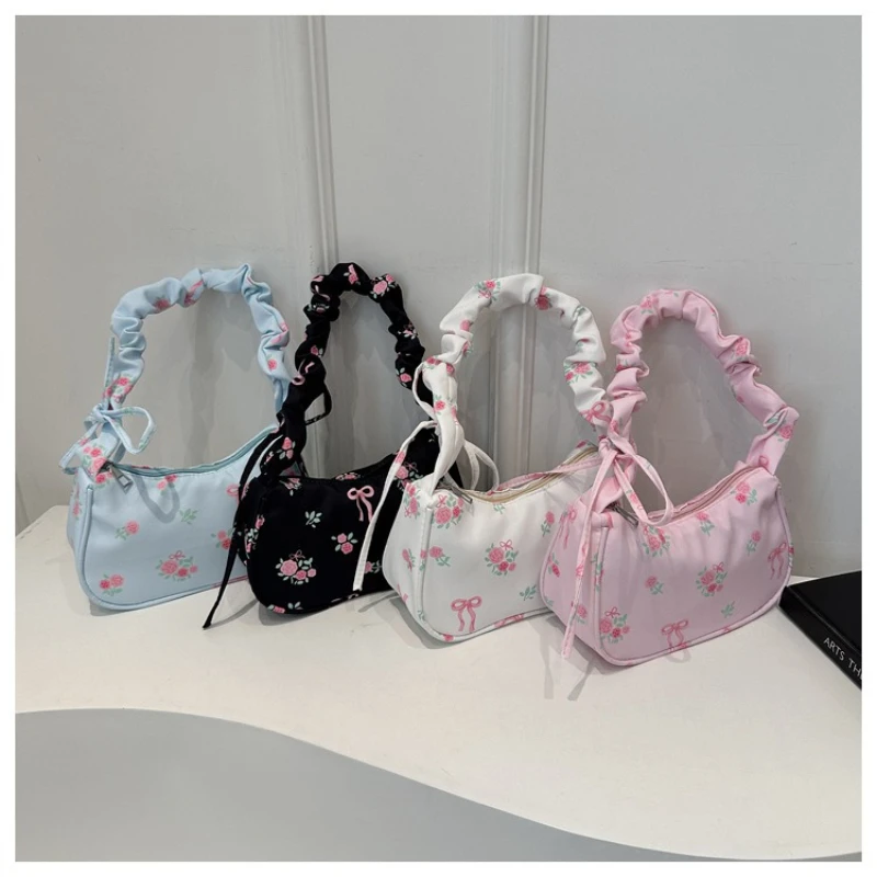 

Women's Bags 2025 Summer Nylon Pleated Handbags Armpit Bag Korean Floral Bow Printed Zipper Tote Bag Female Small Shoulder Bags