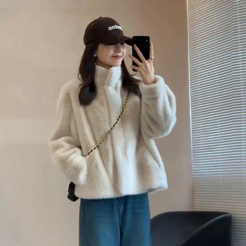 Thiened ort Cotton Jaet Women's Winter Fur Collar Eco-friendly Leather Warm Commute Sle Loose Fit Zipper ket