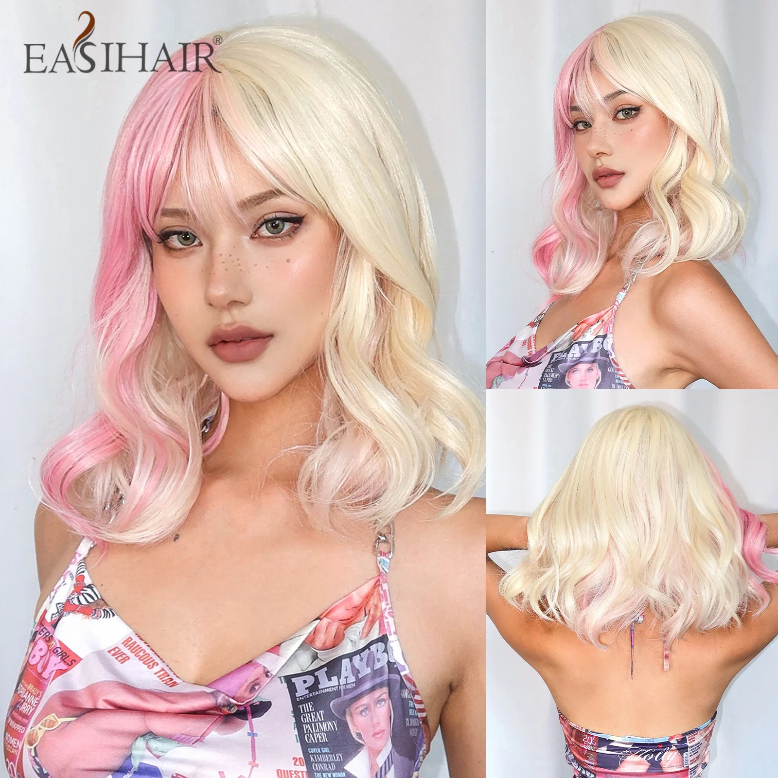 

Pink Blonde Synthetic Cosplay Wig Short Wavy Two Tone Wig with Bangs for Women Halloween Party Hair Wig Natural Heat Resistant