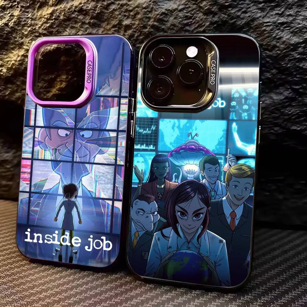 

Cartoon I-Inside Job Phone Case For iPhone17,16,15,14,13,12,11 Plus,Pro Max Colored Silver Plated Inside Cover
