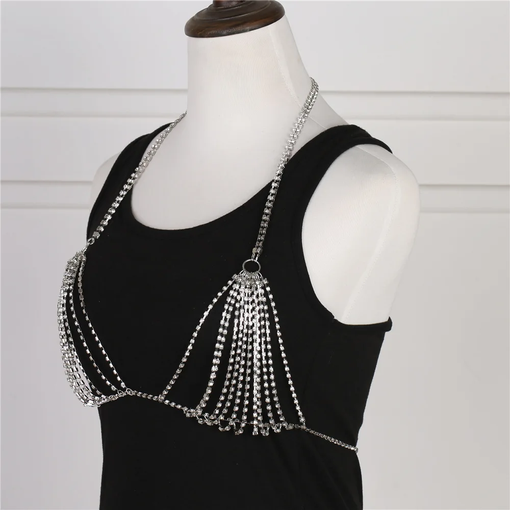 Summer Sexy Shiny Crystal Rhinestone Bra Bikini Chest Chain Bust Body Chain Jewelry Harness for Women Charm Beach Dress Necklace