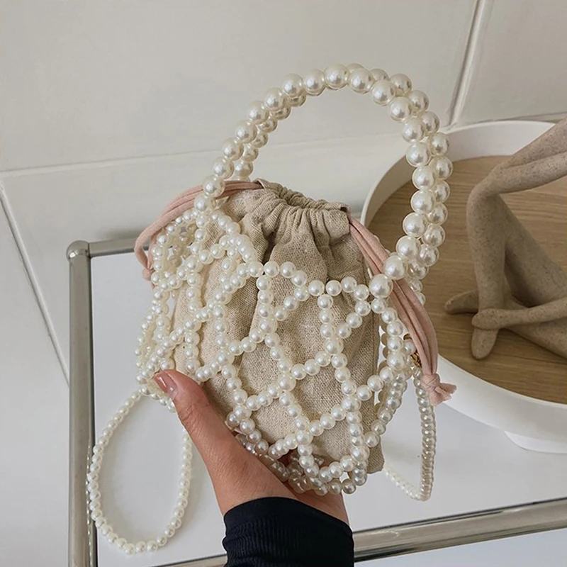 Lady Basket Handbag Summer Pearl Hollow Beaded Bag Bohemia Beach Travel Pearl Bag Holiday Woven Bag Small Square Bag