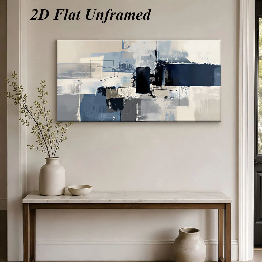 (1PC Unframe)1 abstract art blue, black, white, gray geometric lines frameless decorative painting 2D plan