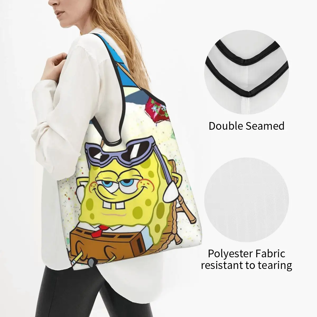 SpongeBob SquarePants Portable Tote Shopping Bags Reusable Shopper Bag Grocery Handbag Shoulder Bag