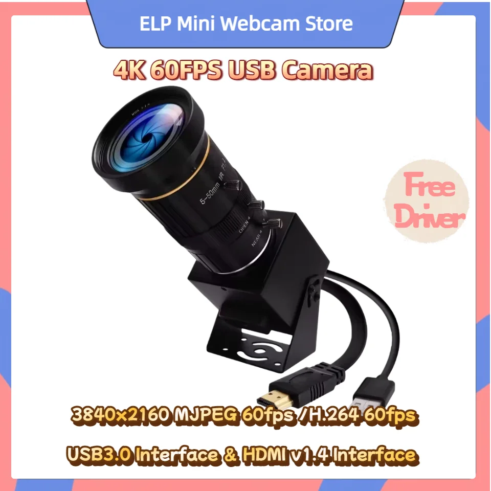 ELP 4K HDMI Zoom USB 3.0 Camera Simultaneous 60fps High Speed 2160P H.264 10X Varifocal USB Webcam IMX415 For Video Confrence