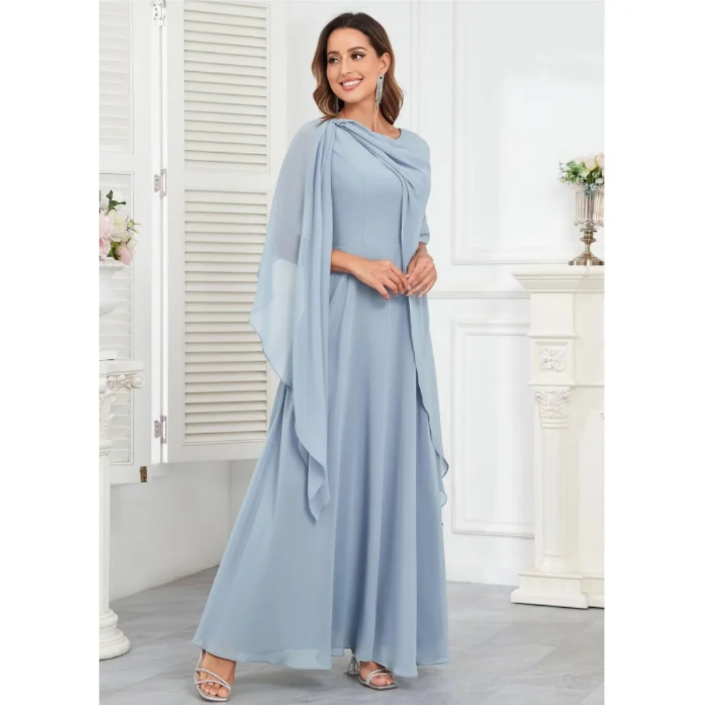 Scoop Neck Mother of The Bride Dresses Cape Shawl Ruffle Long Formal Evening Gowns Chiffon A Line Wedding Guest Bridesmaid Dress