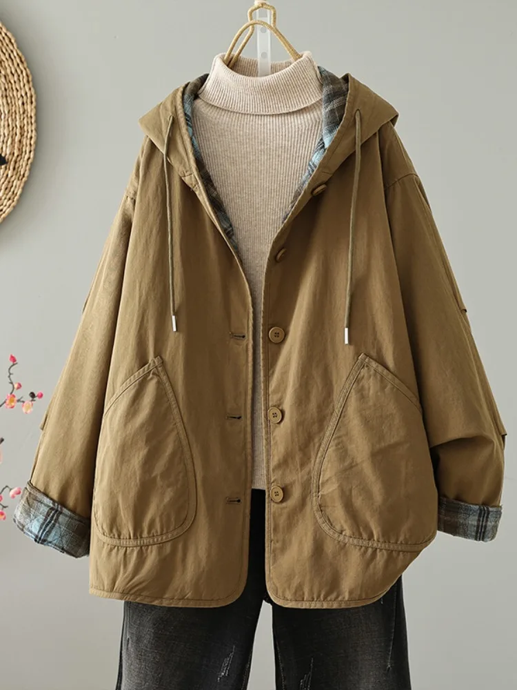 Stylish Thickened Hooded Cotton Jacket Women's plus Size Winter Coat Not Puffy Warm Plaid Design Casual Fashion Outerwear