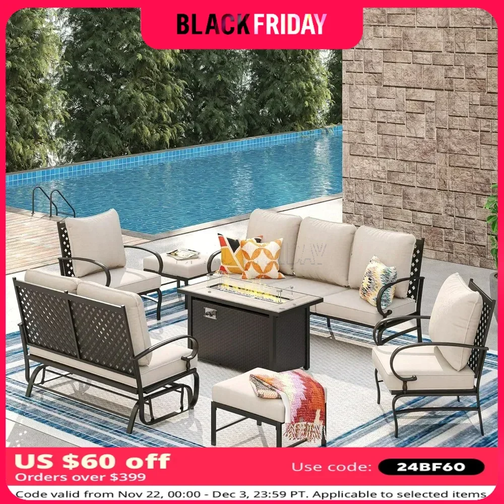 7 Pieces Patio Furniture Set with 45-inch Firepit, Outdoor Furniture of 3-Seater Sofa, 2 Patio Single Sofa with 2 Ottomans