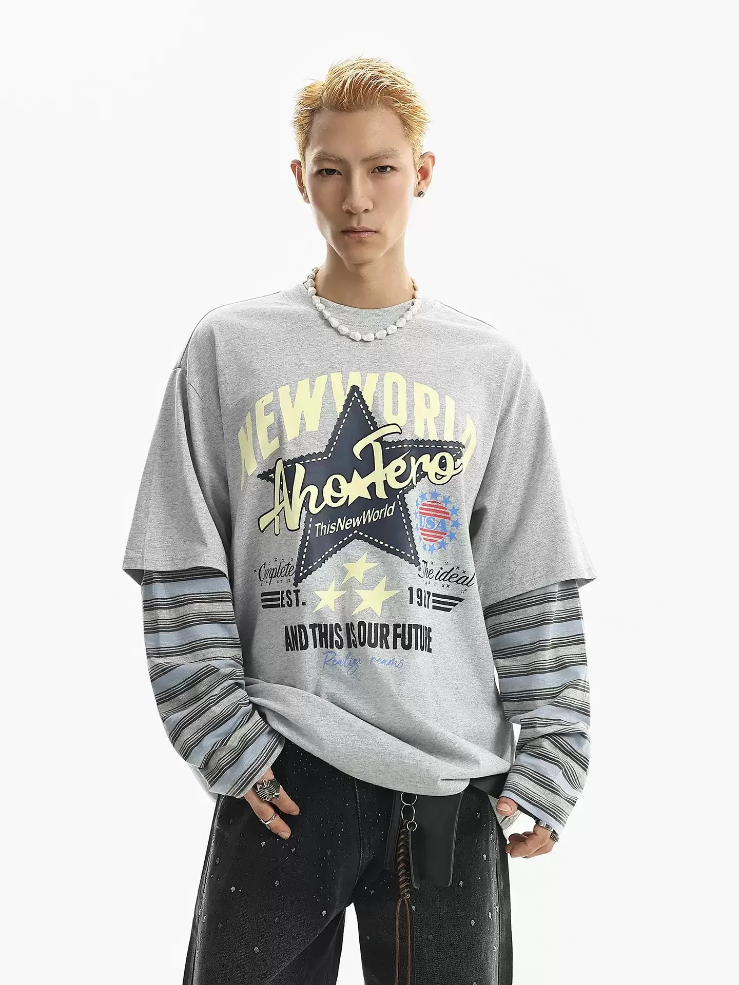 

Мужская футболка с длинным рукавом в американском стиле, с принтом в стиле панк, с полосками, имитирующая двухслойность, свободного кроя.