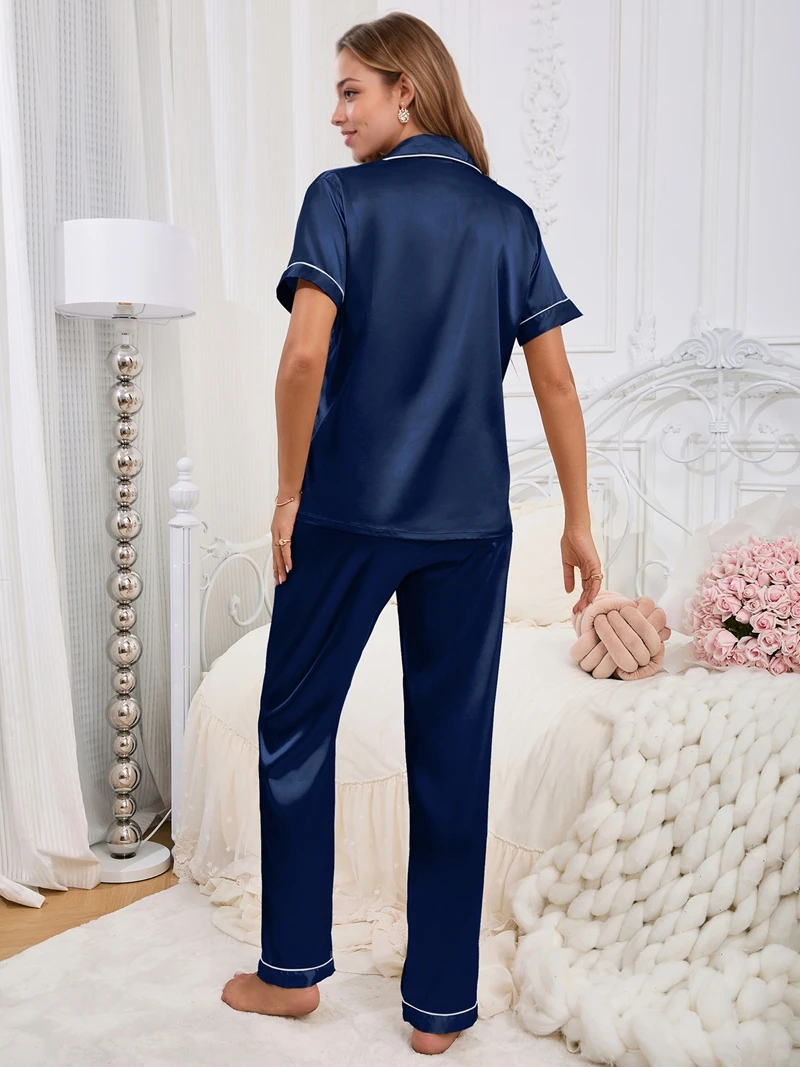 Luxuriöses seidiges 2-teiliges Pyjama-Set für Damen, Satin, kurzärmelig, Brusttasche, Revers, Oberteil und lange Hose, einfarbig, Nachtwäsche – Detail 10