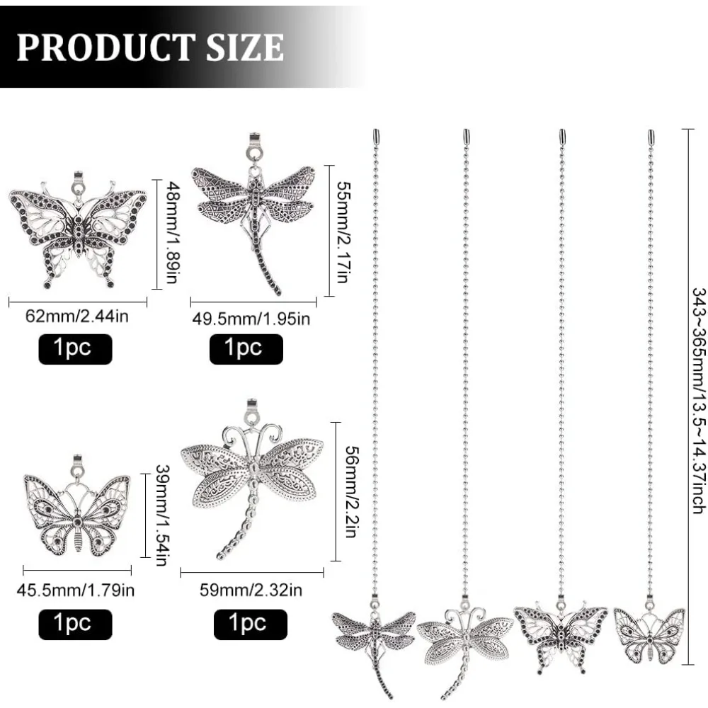 4 Style Butterfly Dragonfly Ceiling Fan Pull Chain Alloy Silver Table Lamp Extension Chain with 304 Stainless Steel making kit