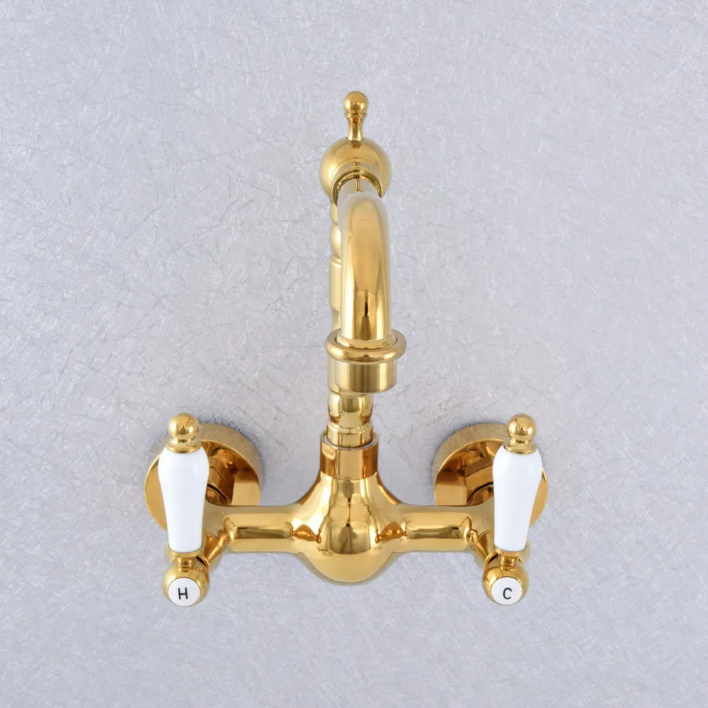 Gold Color Brass Bathroom Kitchen Sink Basin Faucet Mixer Tap Swivel Spout Wall Mounted Dual Ceramic Handles msf608