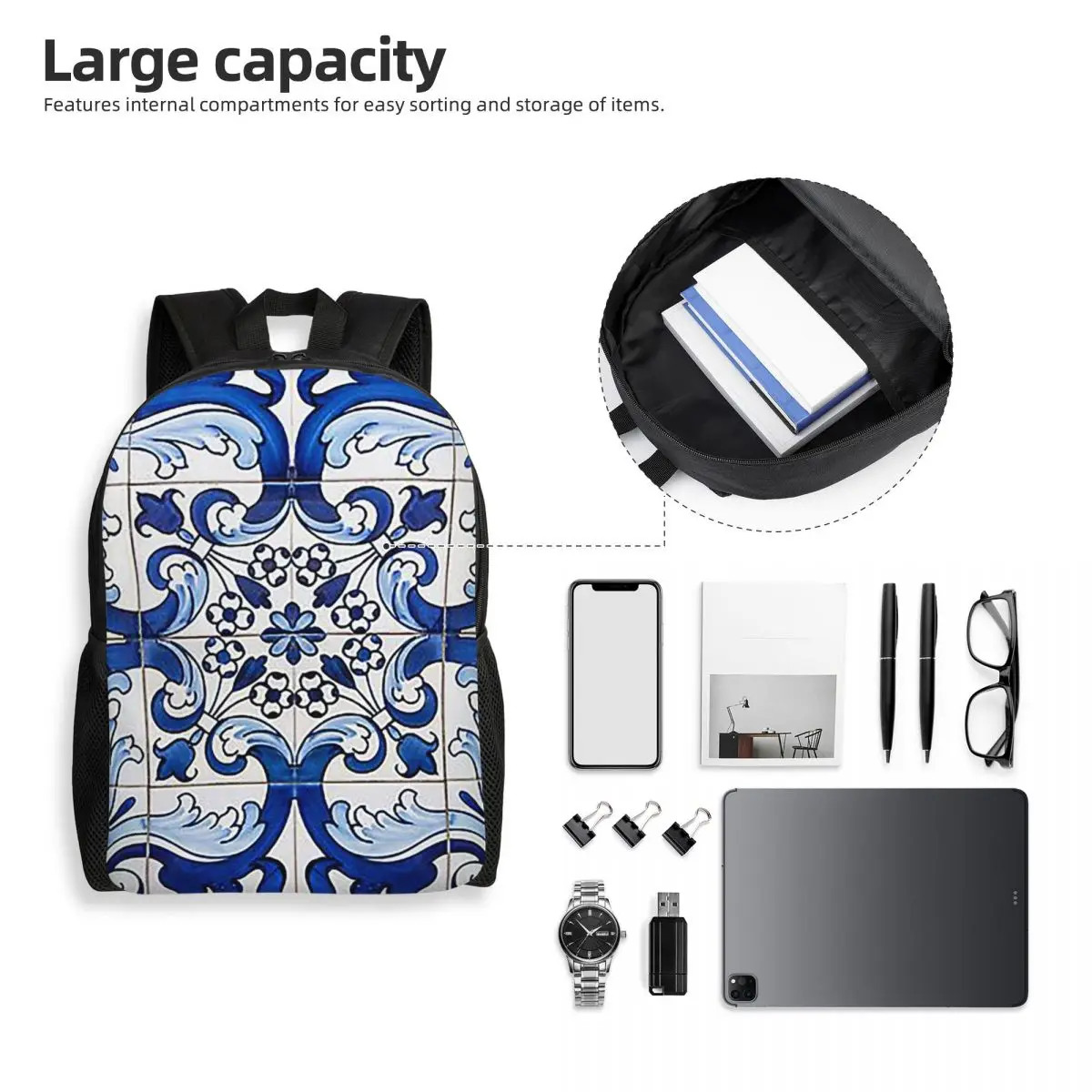 Antique Classic Lisbon Blue Azulejo Tile Floral Backpack Student Boys Girls BookBag School Bag Laptop Shoulder Bags