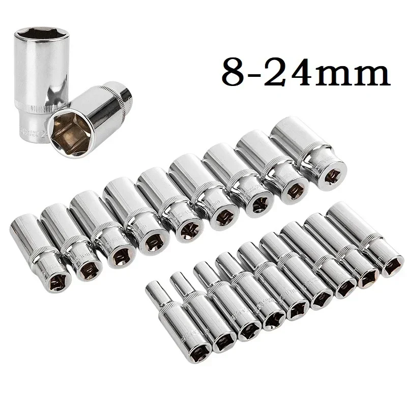 1PC 3/8 cala głęboki adapter nasadowy średni Fly sześciokątny długi klucz nasadowy głowice stal chromowo-wanadowa klucz grzechotkowy Adapter 8-24mm