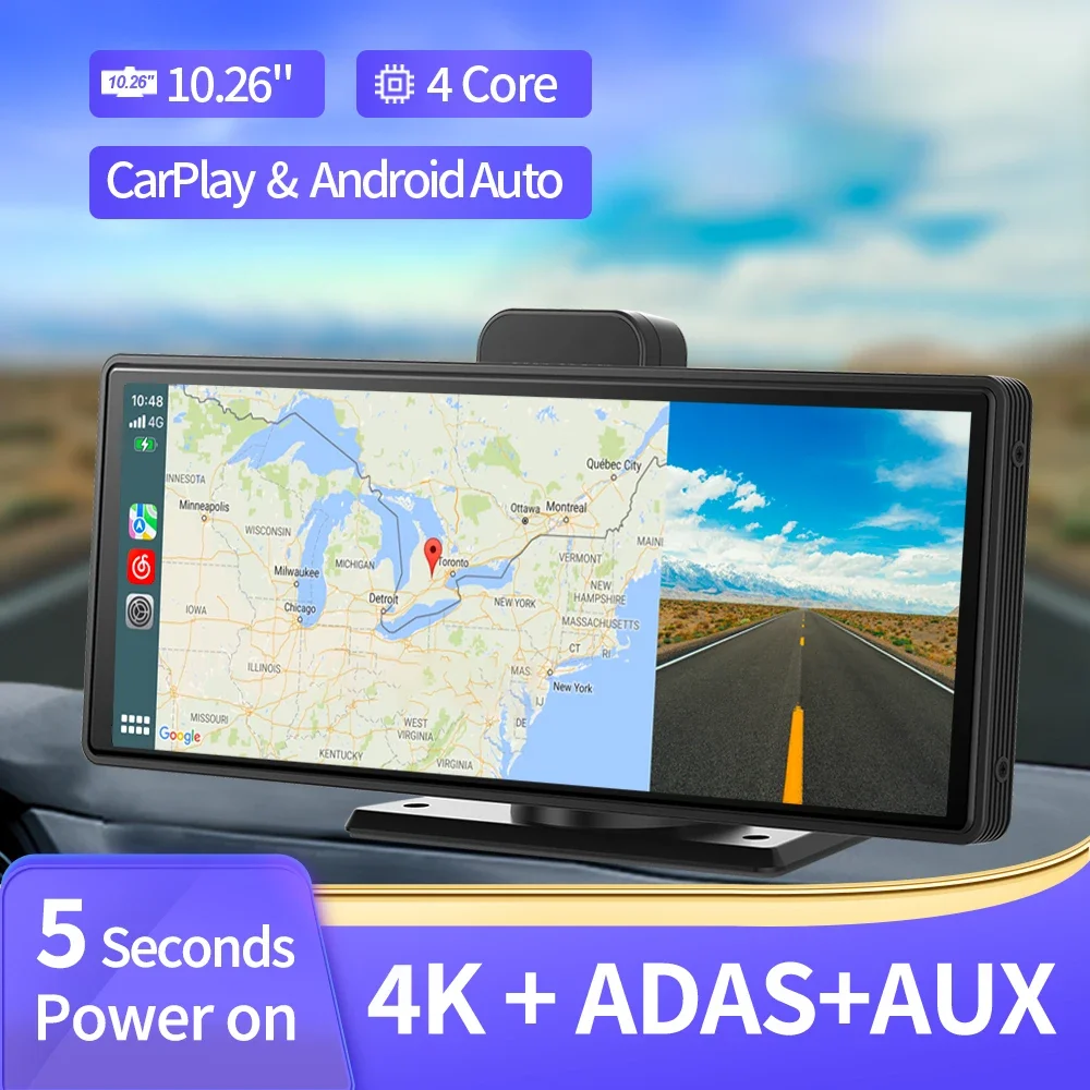 

10.26" 4K Dash Cam ADAS Wireless CarPlay Android Auto Car DVR 5G WiFi GPS Navigation Rearview Camera Dashboard Video Recorder