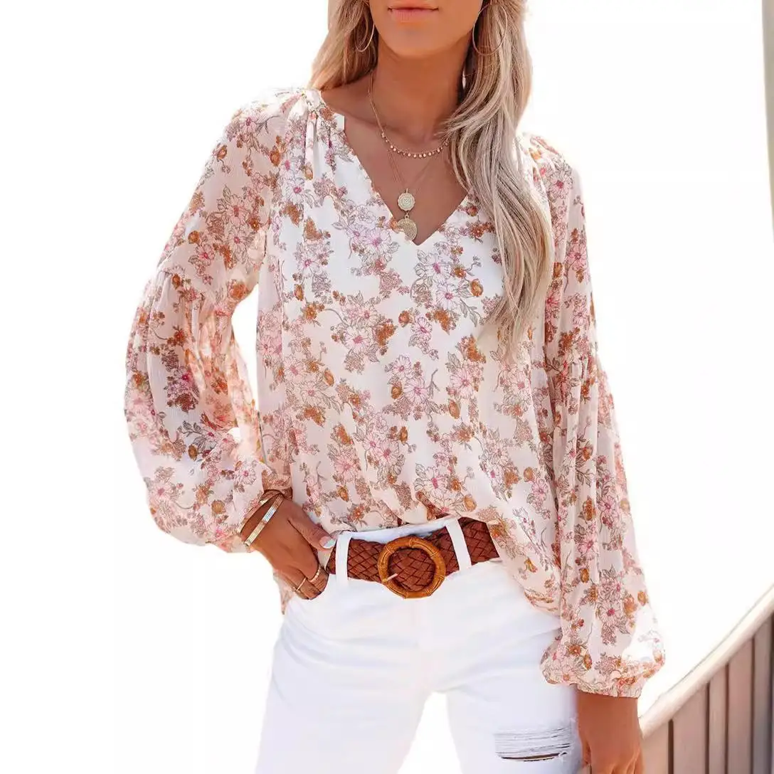 Imprimé fleuri femmes lanterne Sve irt coupe ajustée Polyester ort Sve T-irt printemps saison dames Faion tenue décontracté