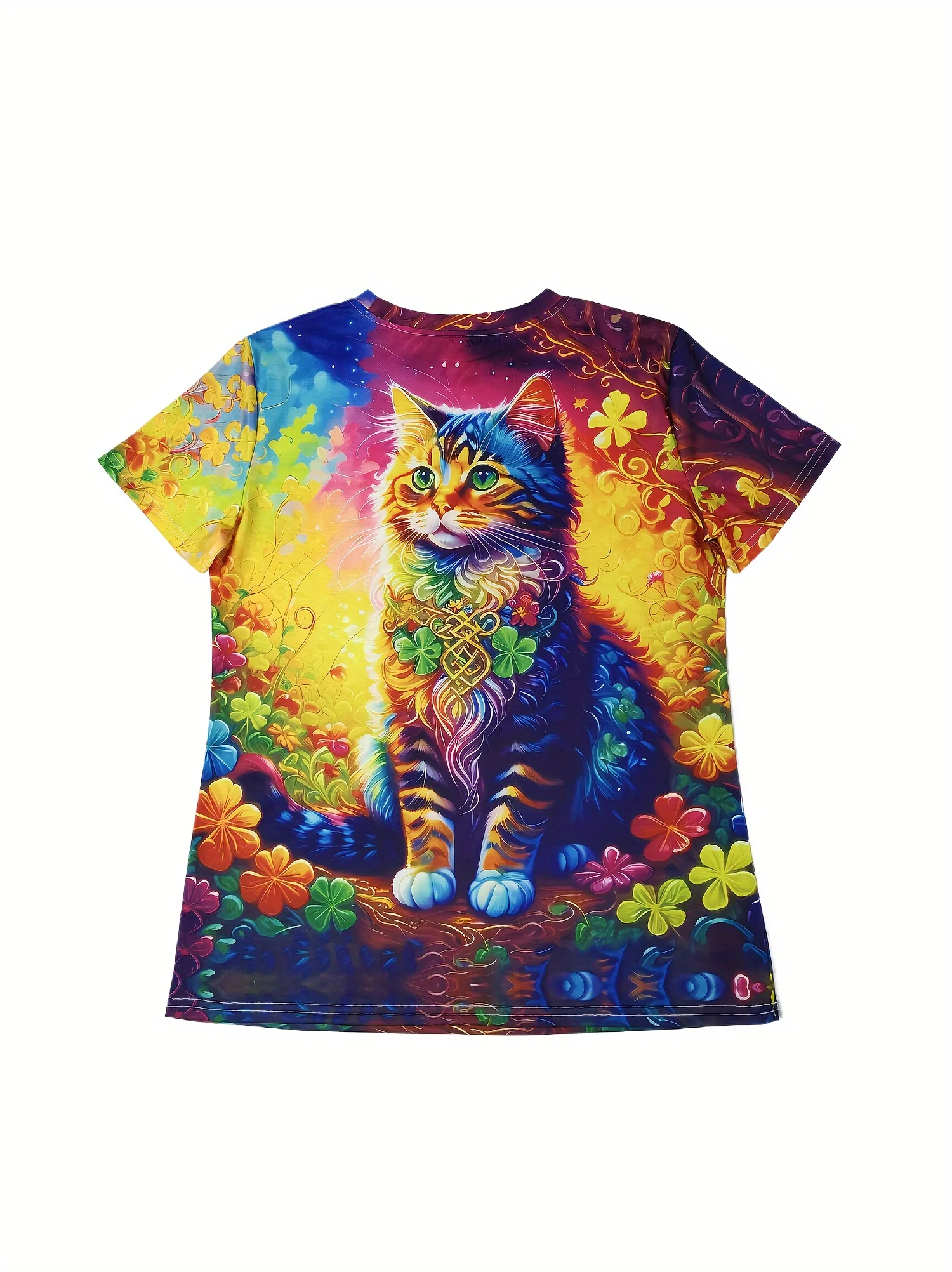 Damen-T-Shirt – bunte keltische Katze und Kleeblatt-Grafik, skurriles psychedelisches Haustier-Design für den täglichen Gebrauch