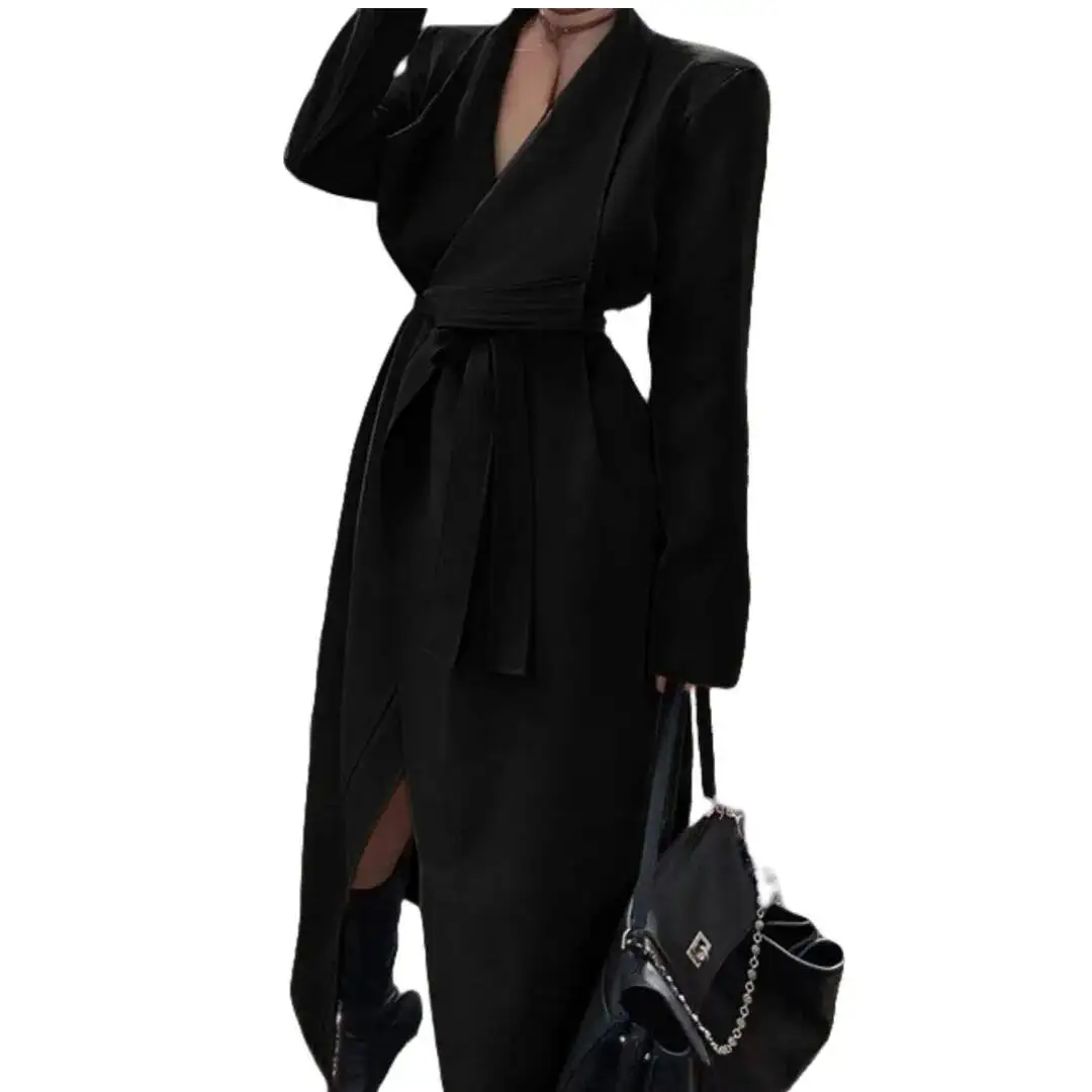 Damska kurtka wiatrówka na wiosnę 2026, khaki, czarny płaszcz typu trencz, luźny krój, dopasowany, z dużym kołnierzem, styl kardigan, długi rękaw, odzież wierzchnia.