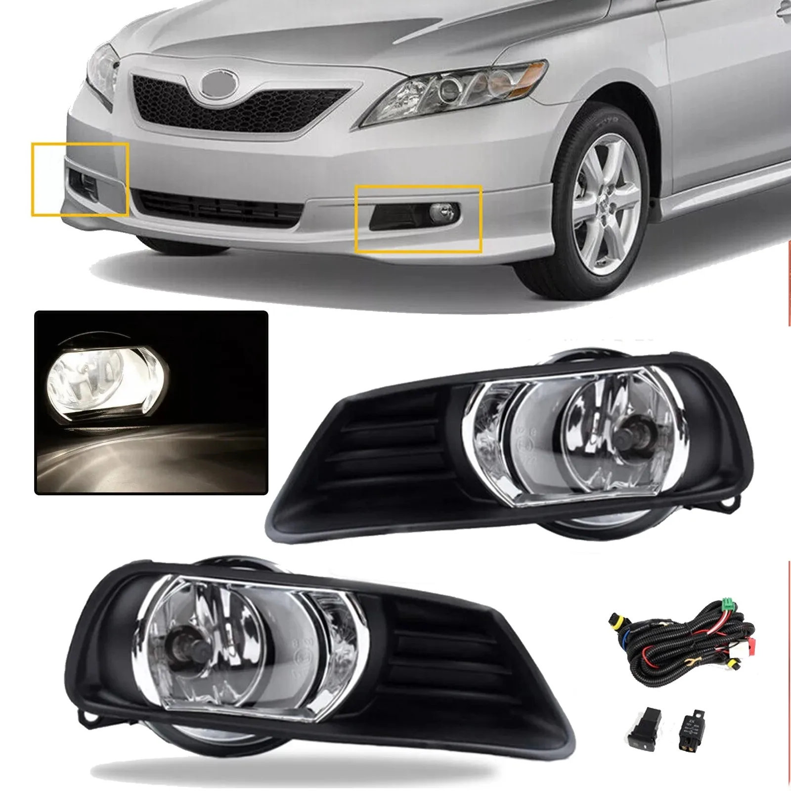 

Pair For 2007-2009 Toyota Camry Clear Front Bumper Fog Lights Lamps Assembly