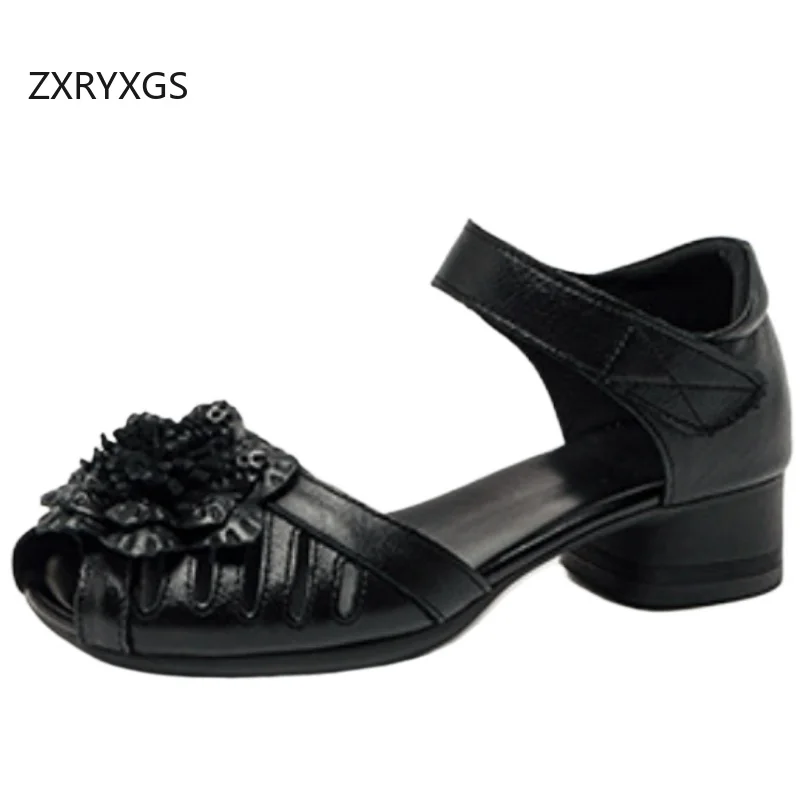 ZXRYXGS 2026 New Summer Genuine Leather Fish Mouth Flowers Sandals Fashionable Shoes Comfortable Soft Sole Mid Heel Sandals Tide