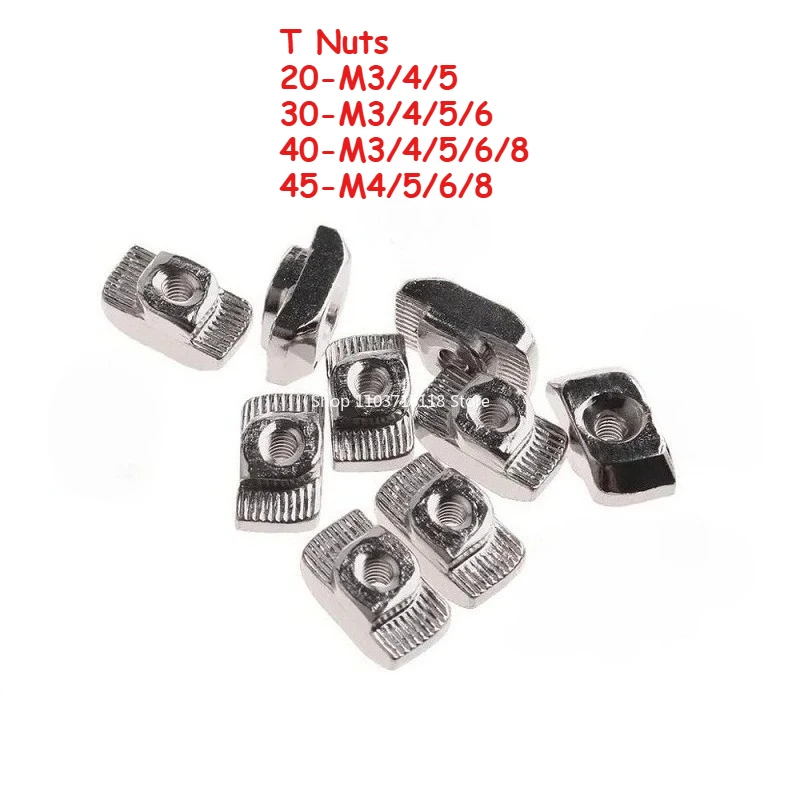 50/100Pcs T-nut Hammer Head T Nut M3 M4 M5 M6 M8 Connector Nickel Plated for EU 20 30 40 45Series 2020 3030 4040