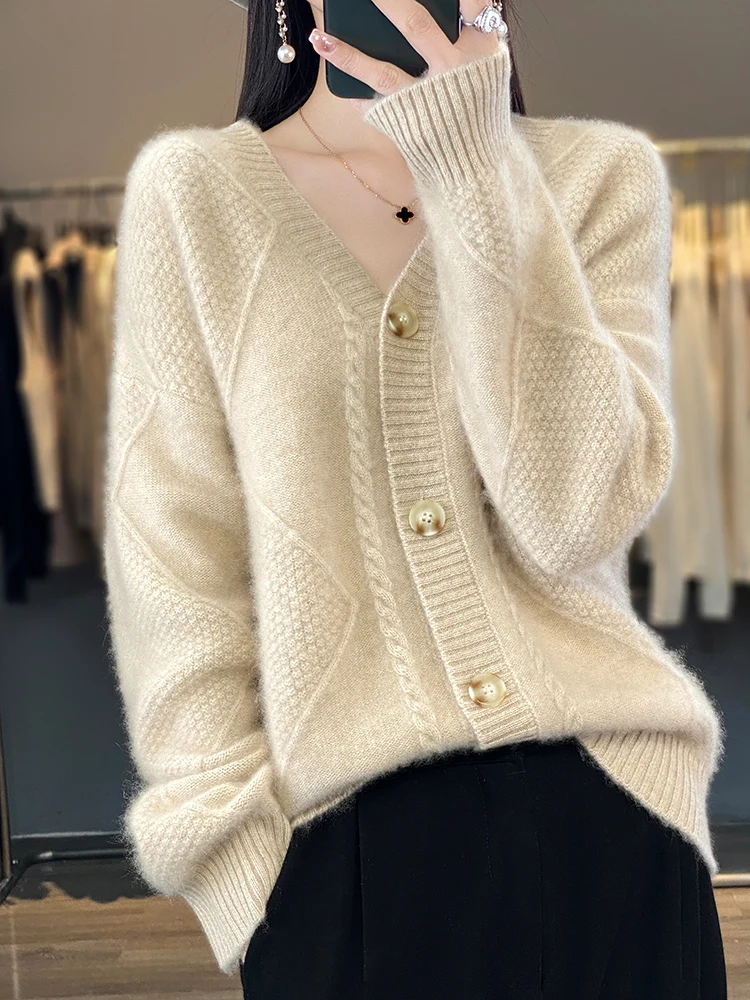 

Women's Cashmere Sweater V-neck Cardigans 100% Merino Wool Knitwear Autumn Winter Twist Flower Long Sleeve Vintage Clothing Tops