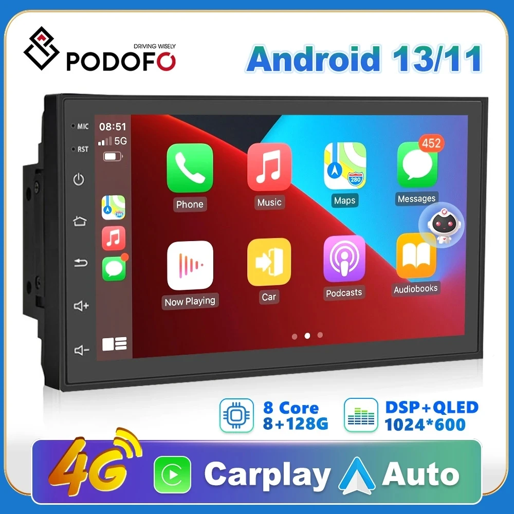 Podofo 8G 256G Car Radio GPS 2 din Android 11 Auto Carplay Universal 7