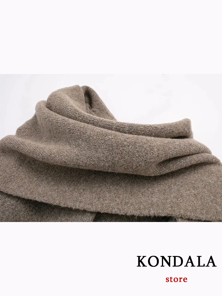 KONDALA Casual Vintage Chic Women Overcoat Solid Scarf Collar Pockets Single Breasted Loose Coat Fashion 2024 Autumn Winter Coat