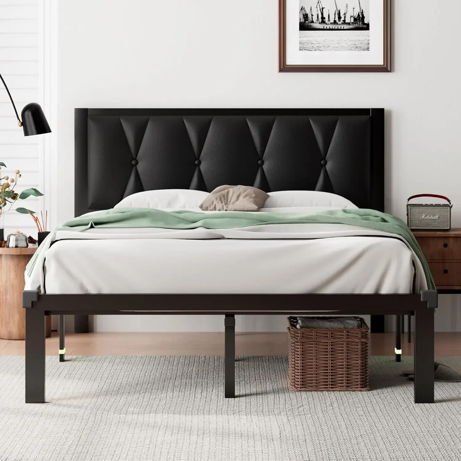 Queen Metal Bed Frame, Faux Leather Button Tufted Headboard Platform Bed, Steel Slats Support, 12