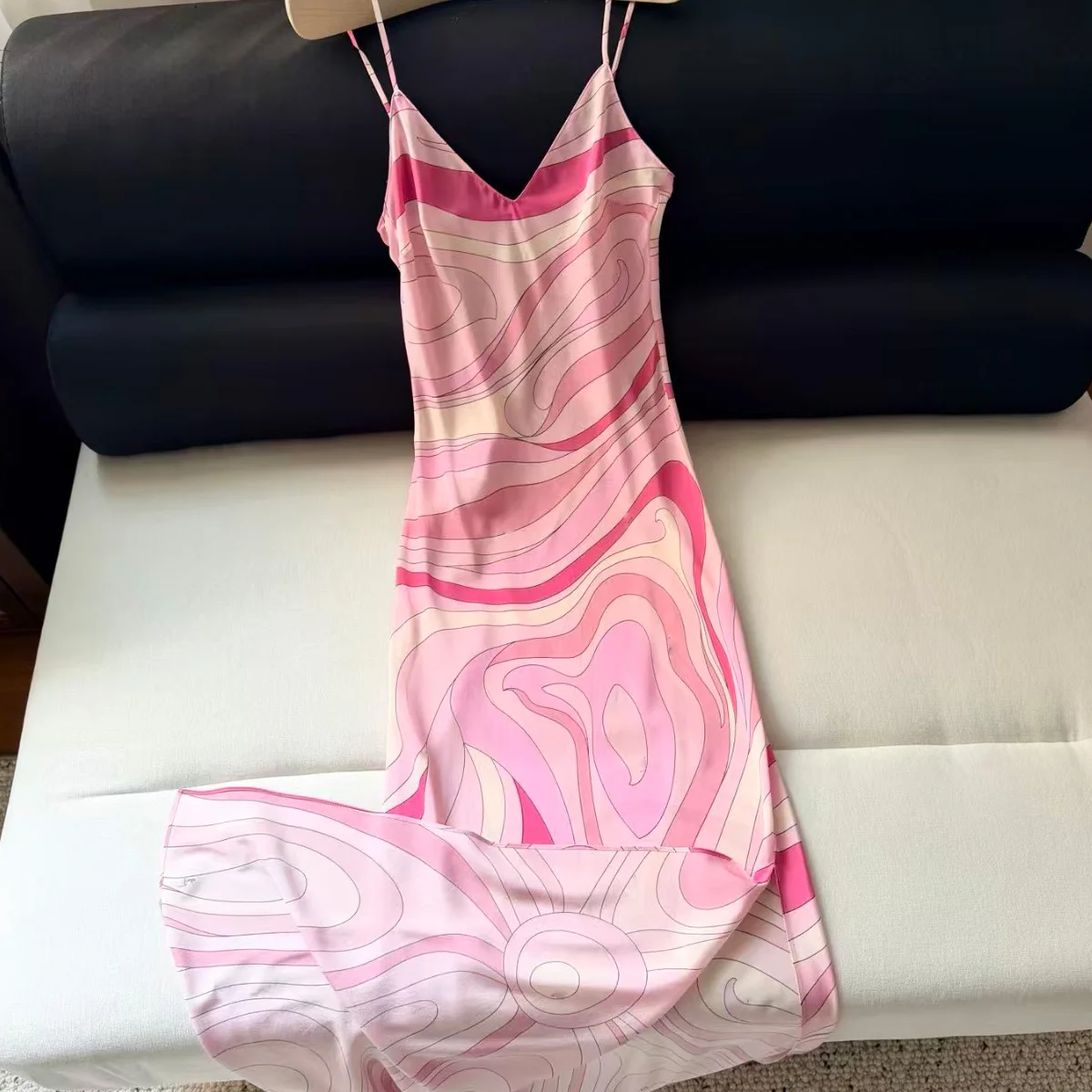 Women 100% Silk V Neck Spaghetti Strap Midi Slip Dress Abstract Geometric Print Satin A Line Long Dress
