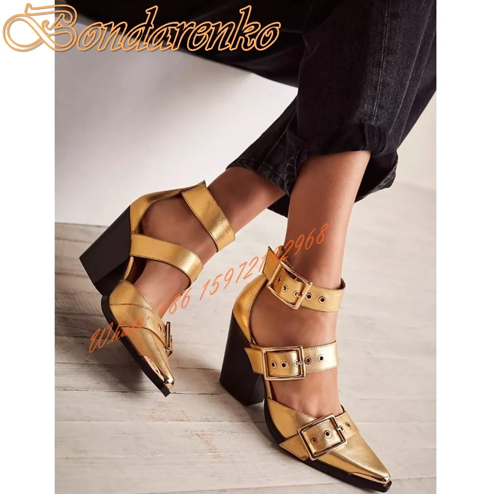 Belt Buckles Chuny Heels Pumps Pointy Toe Straps Rivet Hollow Solid Women Dress Shoes Leather Sexy Designer Pumps Spring Autumn