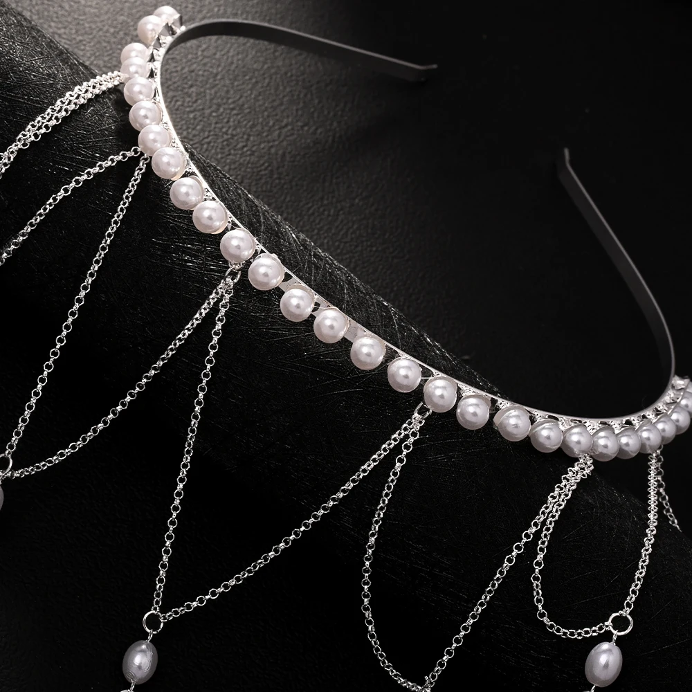 Pearl Head Chain for Women Layered Tassel Hair Jewelry Draped Headpiece Adjustable Bridal Wedding Prom Party Festival Accessory