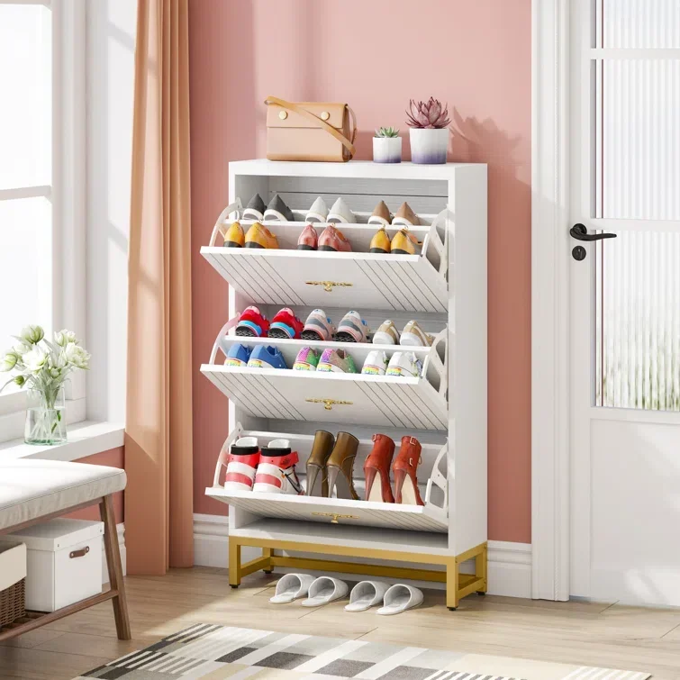 Traditional Entryway Cabinet with 3 Flip-Drawers Rectangle Shoe Rack Shoe Storage Cupboard Organizer Hallway Racks Organizer